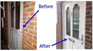 Double glazed composite door before and after photos of upgrade extra security cylinder, replacement door handles & letterbox